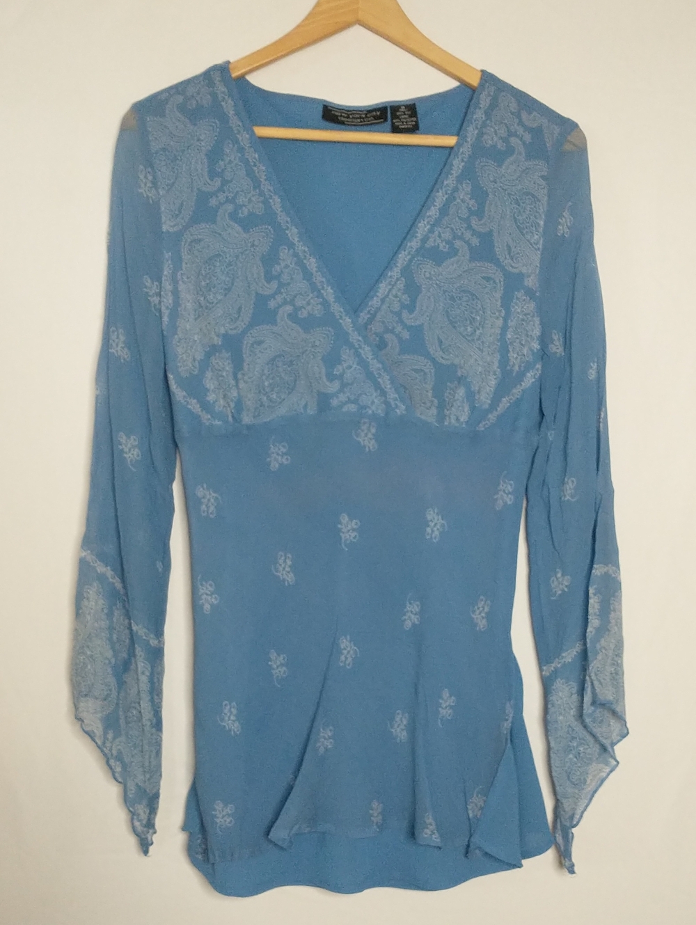 100% Silk Vintage Blue Sheer V-Neck Embroidered Blouse M